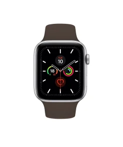 Silver smartwatch with cocoa brown sport band and activity rings display