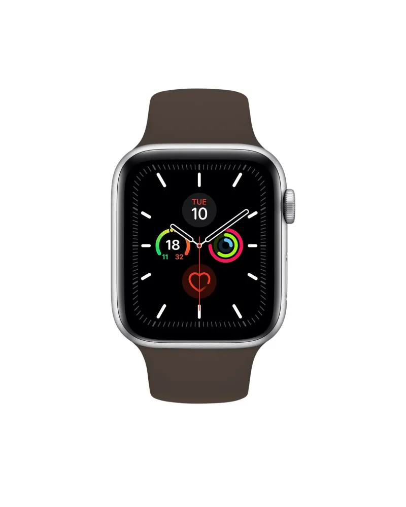 Silver smartwatch with cocoa brown sport band and activity rings display