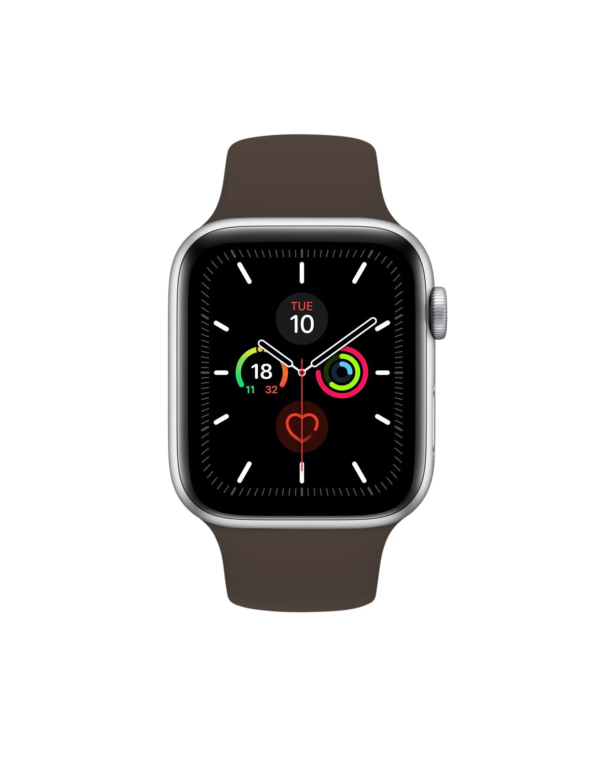 Silver smartwatch with cocoa brown sport band and activity rings display