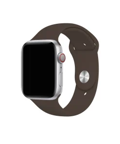 Silver Apple Watch with cocoa brown sport band and red digital crown