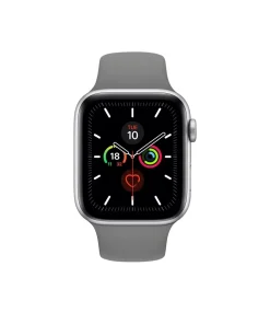 Silver smartwatch with gray sport band displaying fitness metrics and time