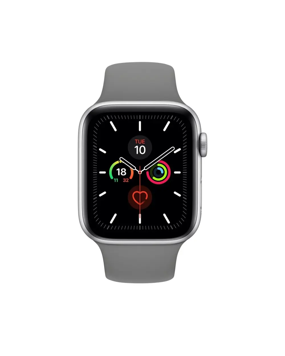 Silver smartwatch with gray sport band displaying fitness metrics and time