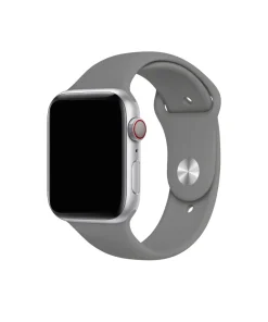 Silver aluminum smartwatch with concrete gray sport band and red crown