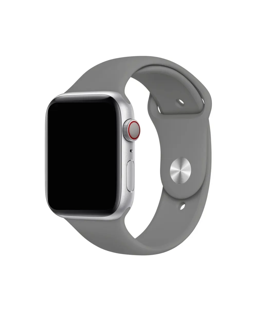 Silver aluminum smartwatch with concrete gray sport band and red crown