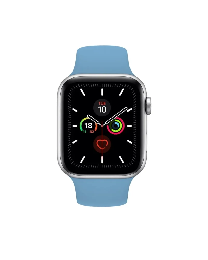 Smartwatch with blue sport band displaying fitness tracking and health metrics