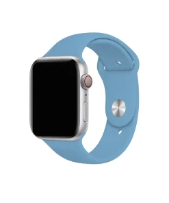Silver smartwatch with cornflower blue sport band and red digital crown