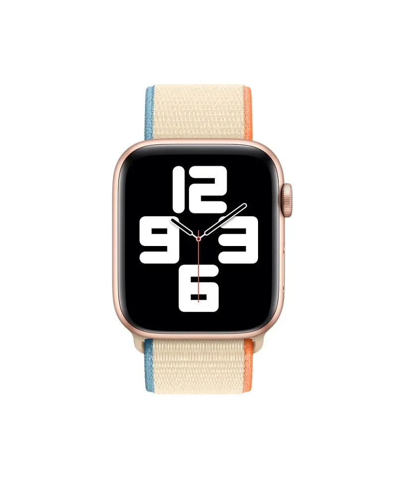 Rose gold smartwatch with cream, blue, and orange striped sport loop band