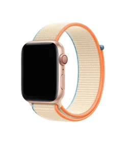 Rose gold Apple Watch with cream and orange sport loop band