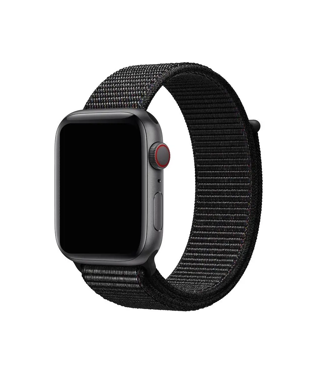 Black sport loop smartwatch band with woven nylon material and cellular connectivity