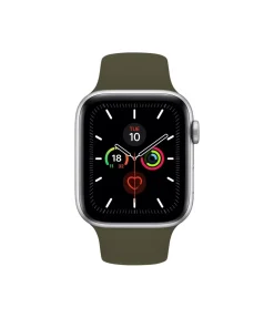 Silver smartwatch with dark olive sport band and activity tracking display