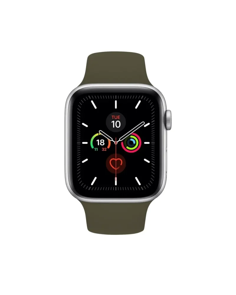 Silver smartwatch with dark olive sport band and activity tracking display