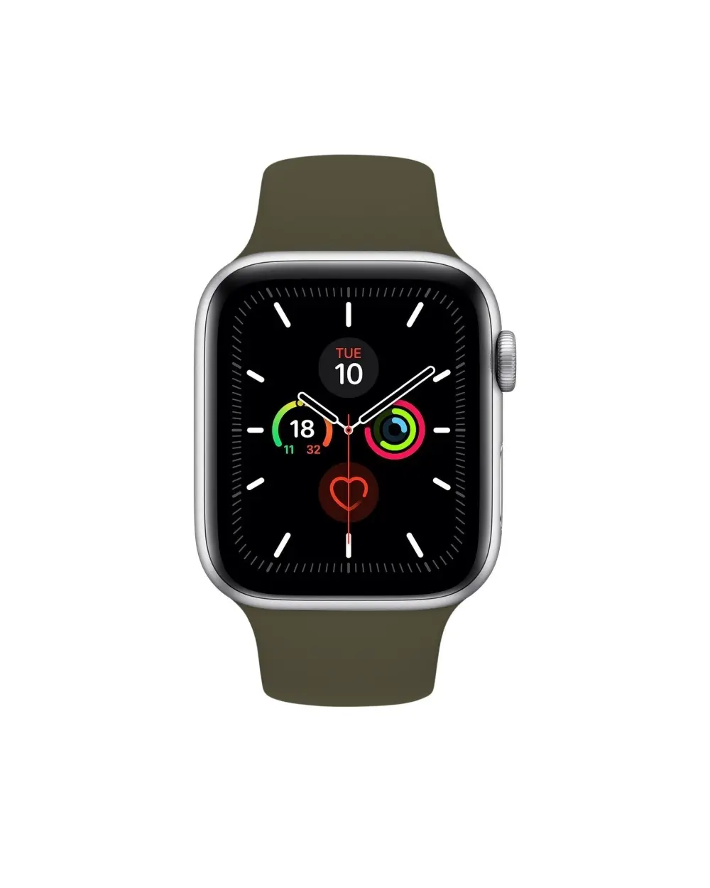 Silver smartwatch with dark olive sport band and activity tracking display