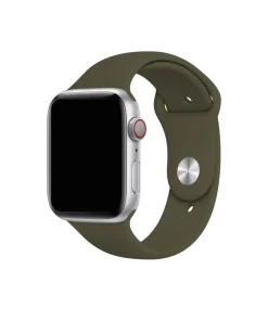 Silver Apple Watch with dark olive green sport band, fitness tracker