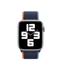 Silver smartwatch with navy woven sport loop band, orange and blue stripe detail