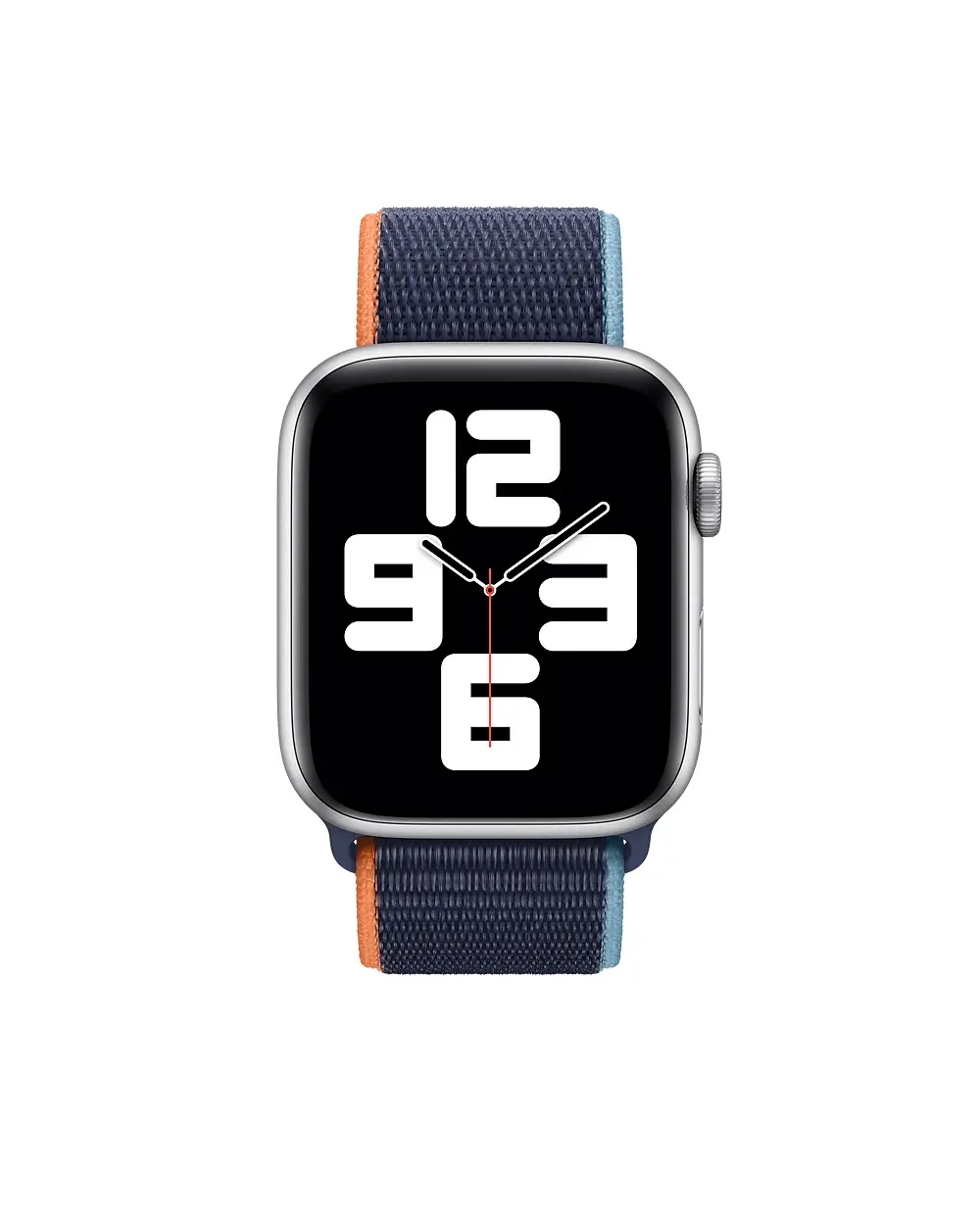 Silver smartwatch with navy woven sport loop band, orange and blue stripe detail