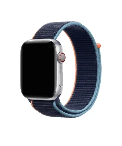 Apple Watch silver case with deep navy and light blue sport loop band
