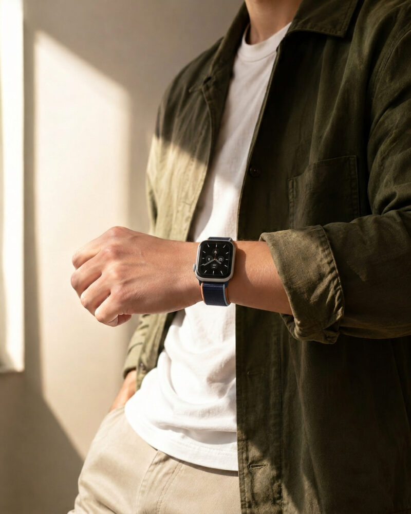 Man wearing silver smartwatch with deep navy sport loop band