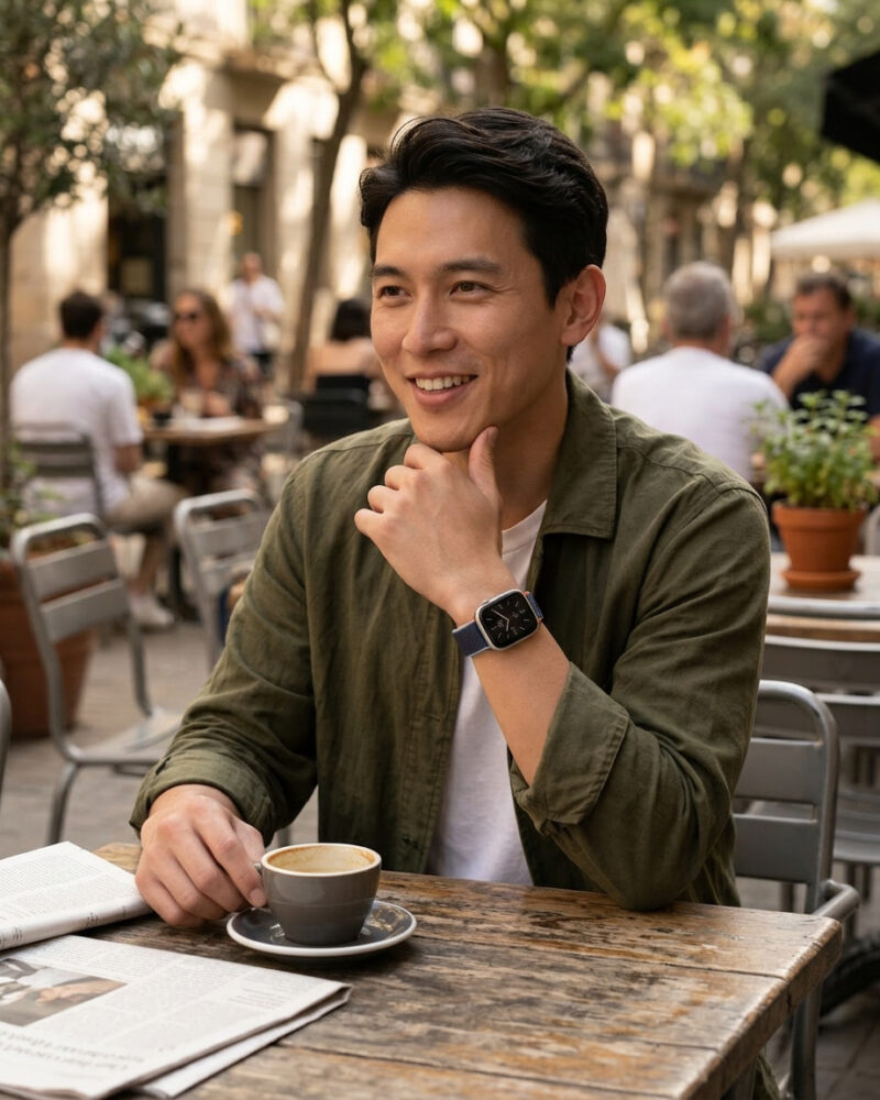 Man wearing deep navy sport loop watch at outdoor café table