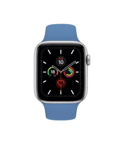 Smartwatch with blue sport band displaying health metrics and activity rings