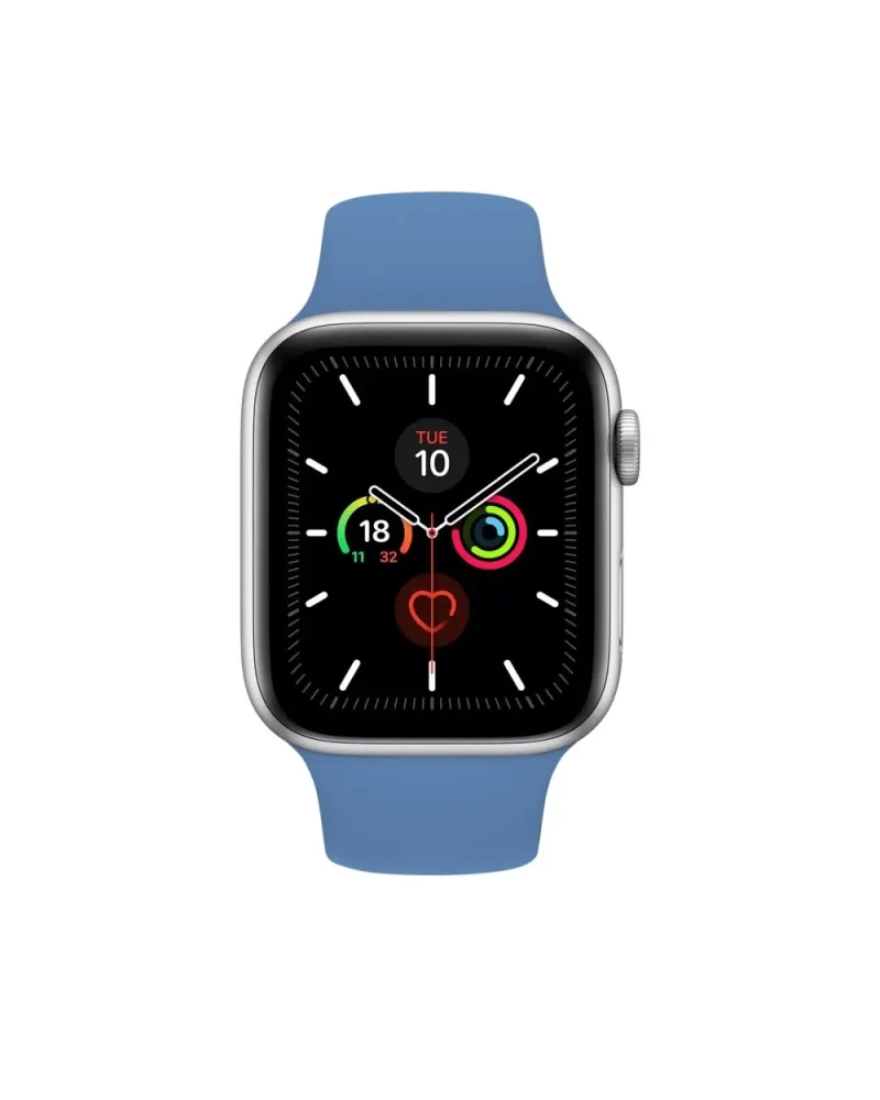 Smartwatch with blue sport band displaying health metrics and activity rings