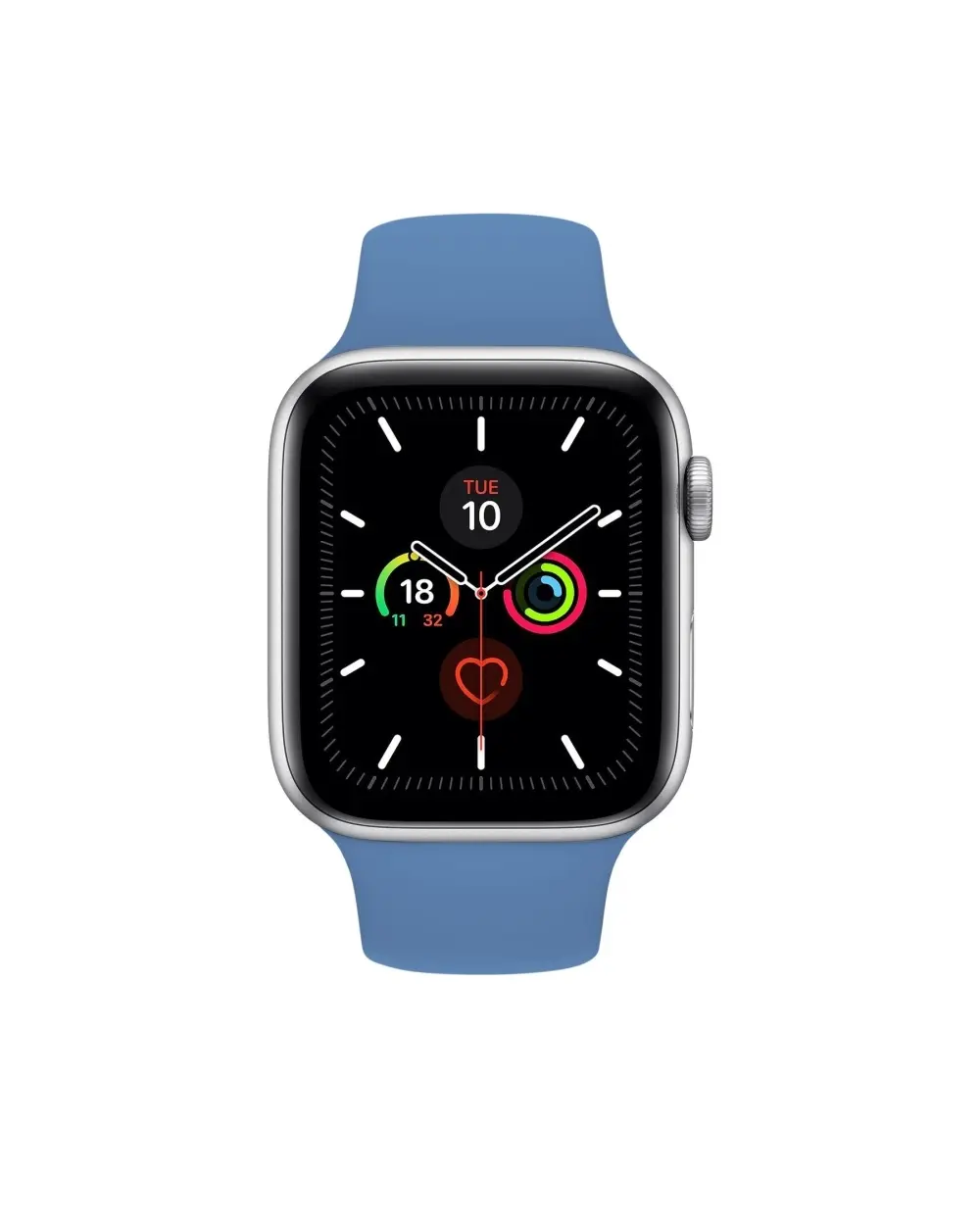 Smartwatch with blue sport band displaying health metrics and activity rings