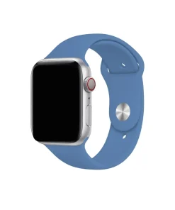 Silver smartwatch with denim blue sport band and red digital crown