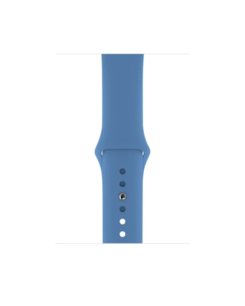 Blue silicone sport watch band with adjustment holes and metal clasp