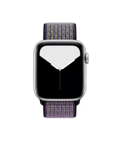 Apple Watch with purple green woven sport loop band, silver case