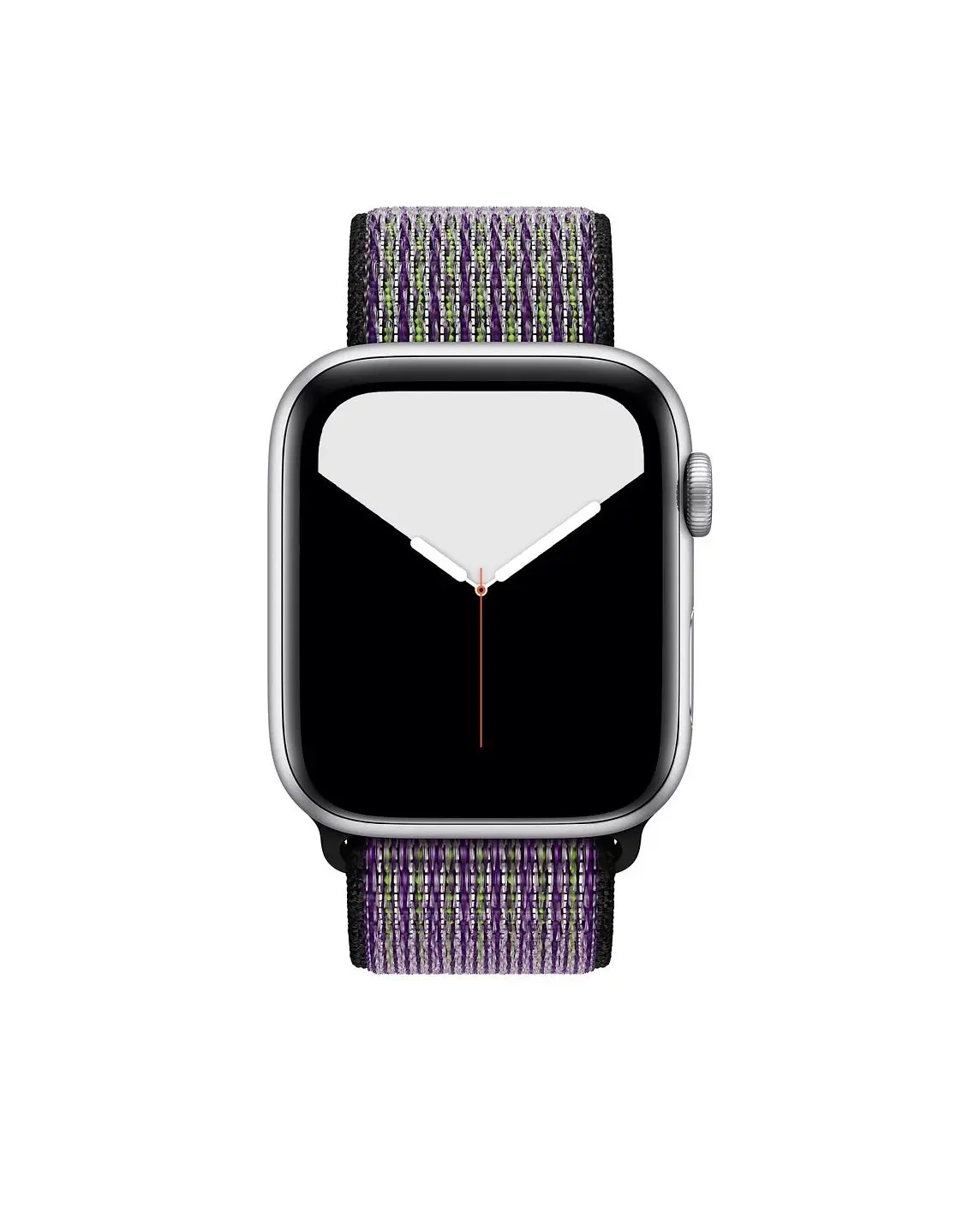 Apple Watch with purple green woven sport loop band, silver case