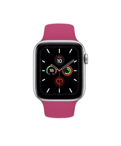 Smartwatch with silver case and dragonfruit pink sport band displaying fitness metrics
