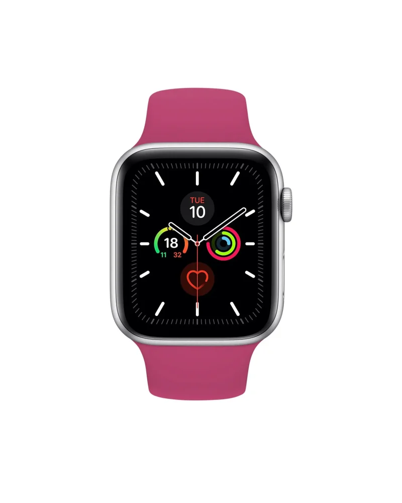 Smartwatch with silver case and dragonfruit pink sport band displaying fitness metrics