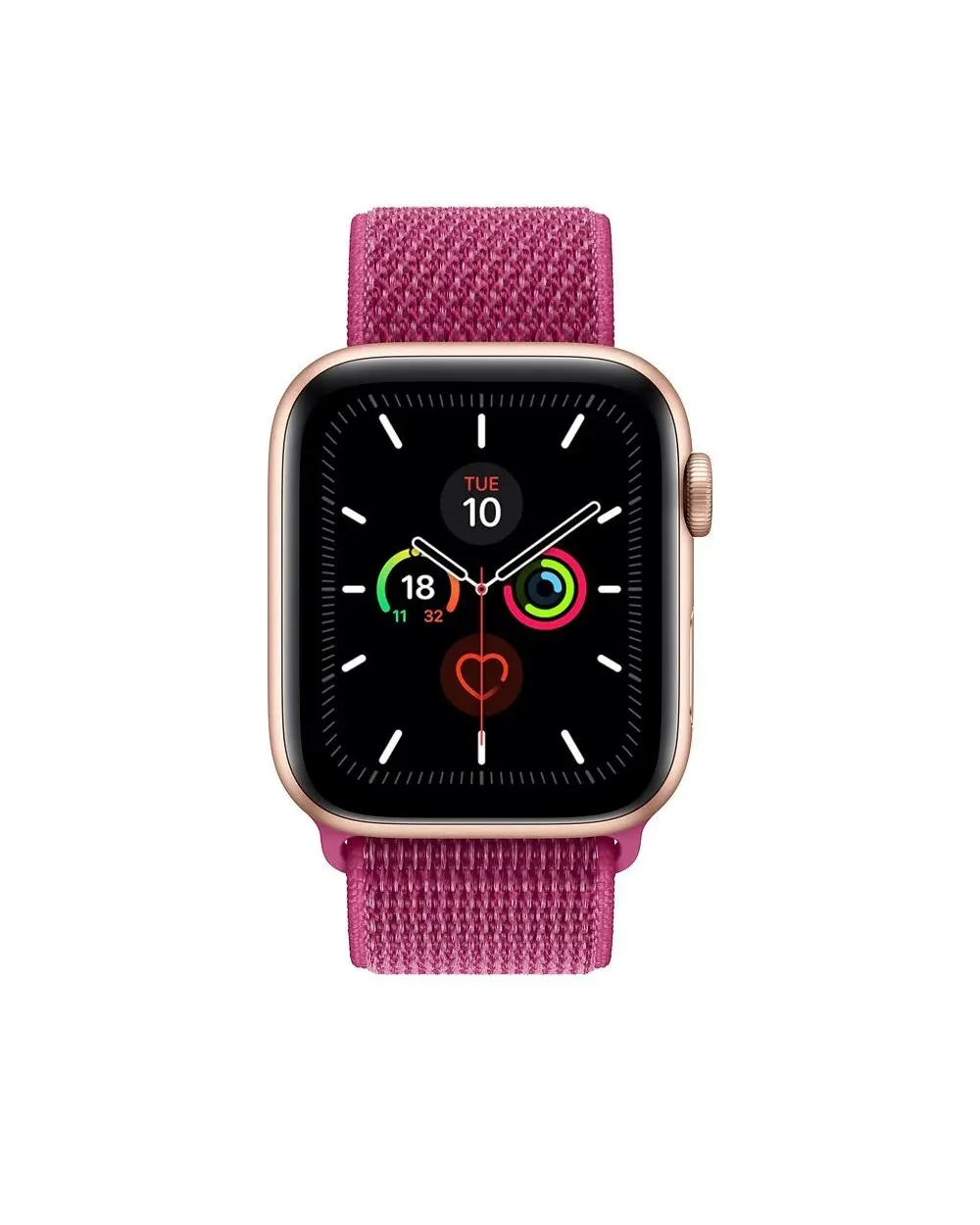 Rose gold Apple Watch Series 5 with dragon fruit pink sport loop band