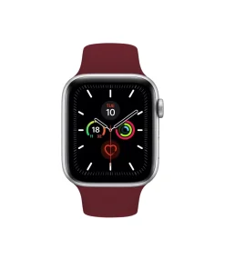 Silver smartwatch with wine red sport band and fitness tracking display