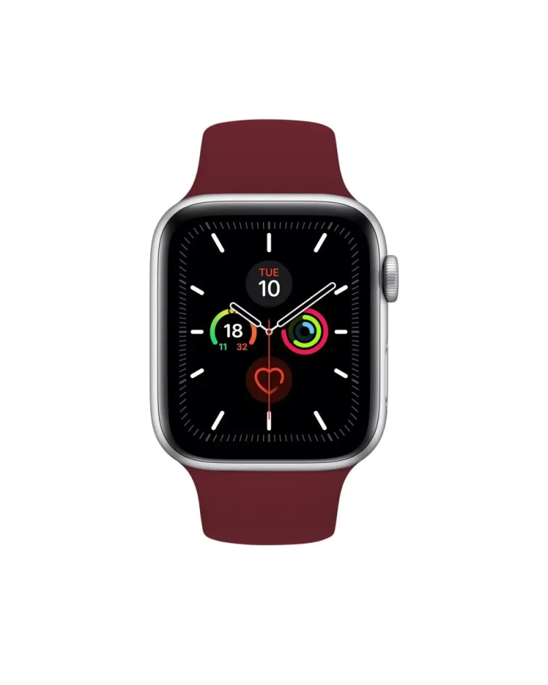 Silver smartwatch with wine red sport band and fitness tracking display