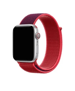 Silver smartwatch with red sport loop nylon band strap