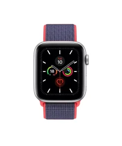 Apple Watch Series 5 with electric pink sport loop band and activity rings display