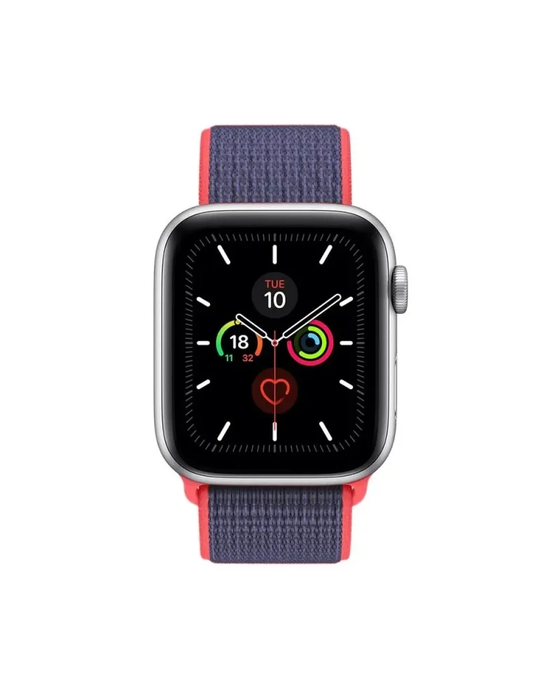 Apple Watch Series 5 with electric pink sport loop band and activity rings display