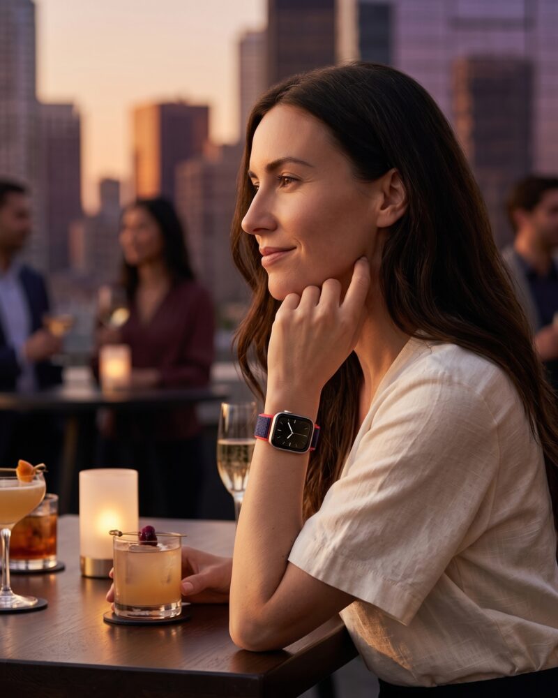 Woman wearing smartwatch with electric pink sport loop band at rooftop bar