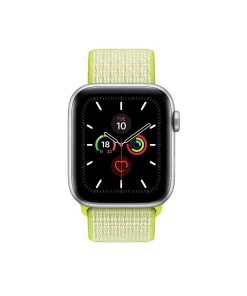 Silver smartwatch with neon yellow sport loop band and activity rings display