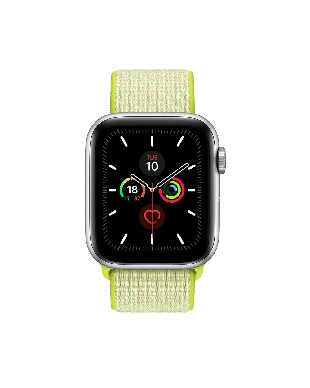 Silver smartwatch with neon yellow sport loop band and activity rings display