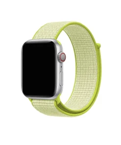 Silver smartwatch with lime green nylon sport loop band