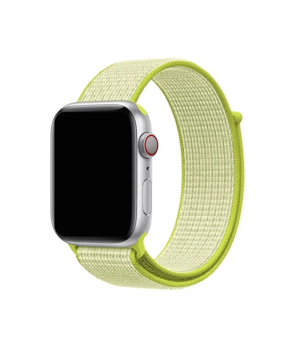 Silver smartwatch with lime green nylon sport loop band