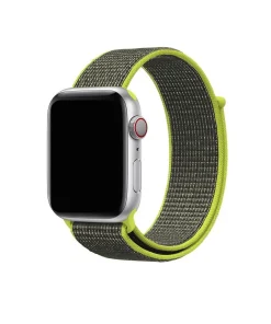 Apple Watch silver aluminum case with neon yellow and gray sport loop band