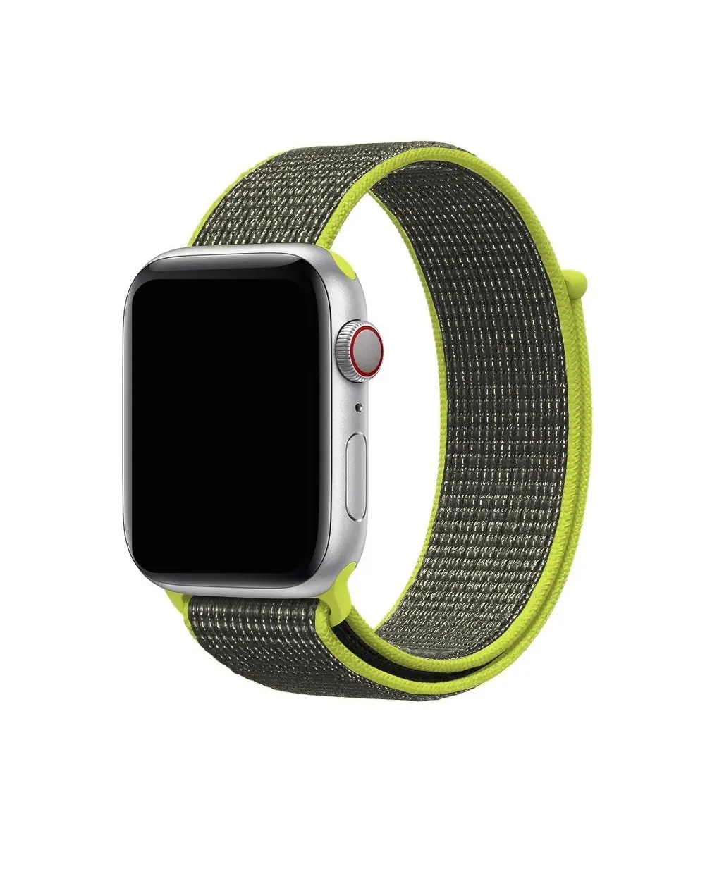 Apple Watch silver aluminum case with neon yellow and gray sport loop band