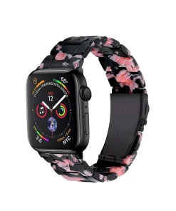Black smartwatch with pink floral resin crystal band strap