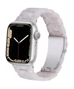 Silver smartwatch with pearl white crystal band and black dial display