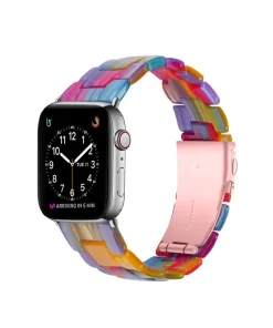 Rainbow crystal smartwatch band with colorful geometric pattern and pink clasp