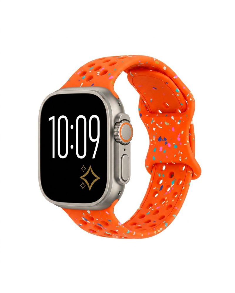Apple Watch with orange glitter sport band and silver case