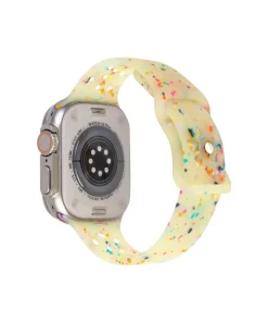 Yellow silicone smartwatch band with colorful glitter confetti design and rose gold accents