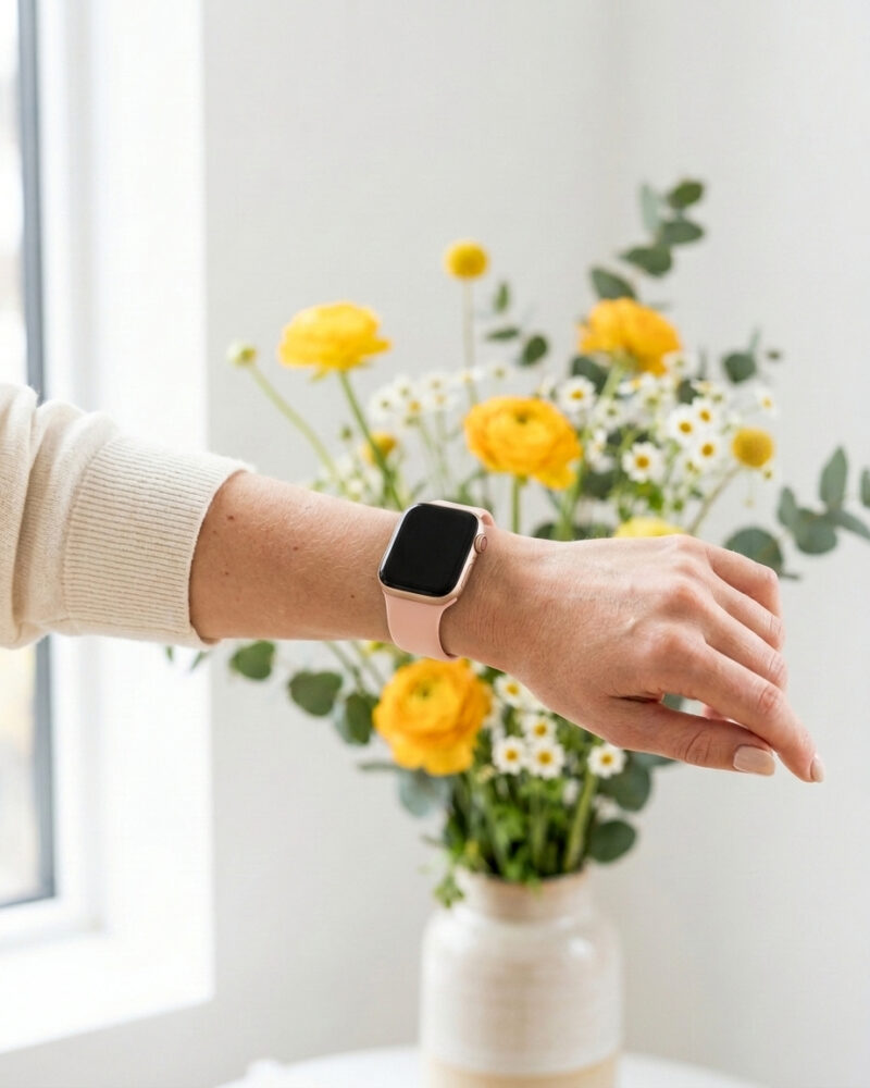 Woman wearing grapefruit sport band smartwatch near yellow flowers
